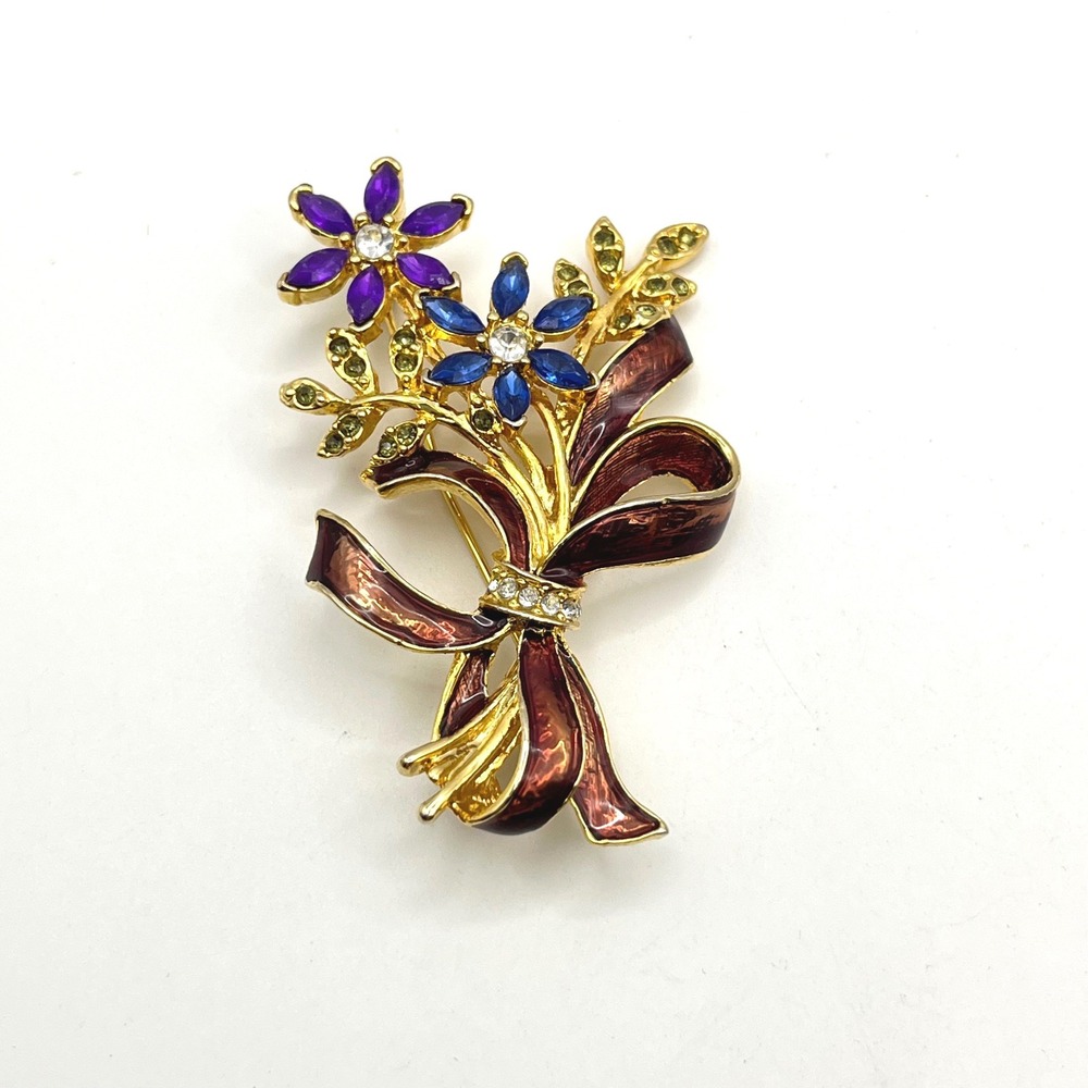 Gold Tone Floral Bouquet Brooch Purple Blue Rhinestone Burgundy Enamel Pin 2.25"